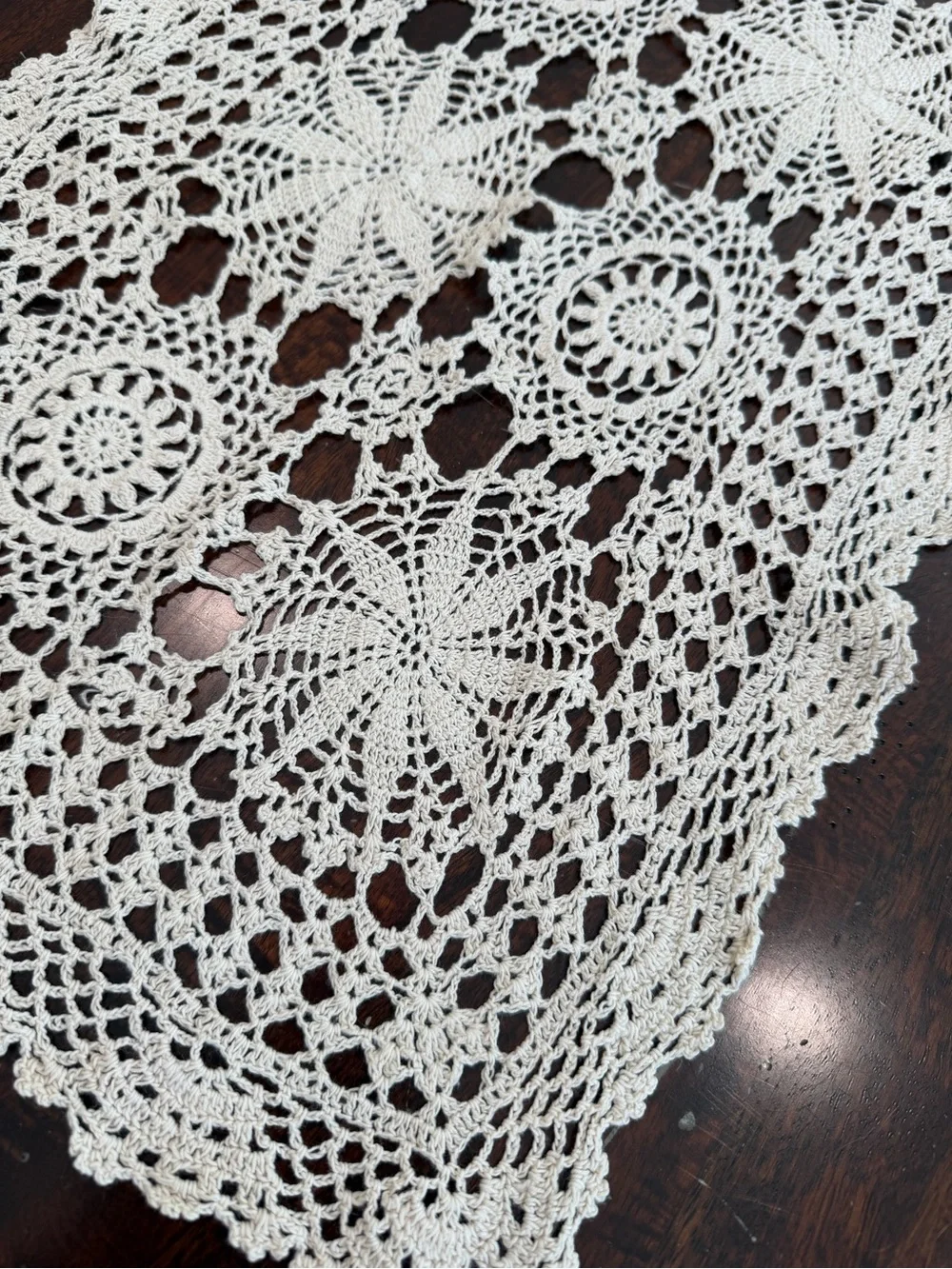 Vintage Hand-Crocheted Cream Table Runner off white 32”x13” floral Cottagecore
